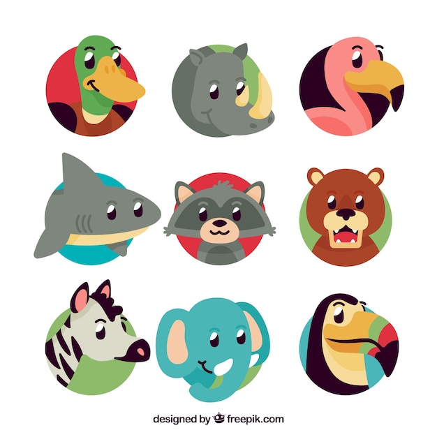 Vetor grátis conjunto de rostos de animais em círculos