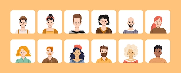Conjunto de rostos diferentes de ícones quadrados de avatares de pessoas