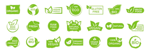 Conjunto de rótulos de alimentos orgânicos ecológicos e veganos bio