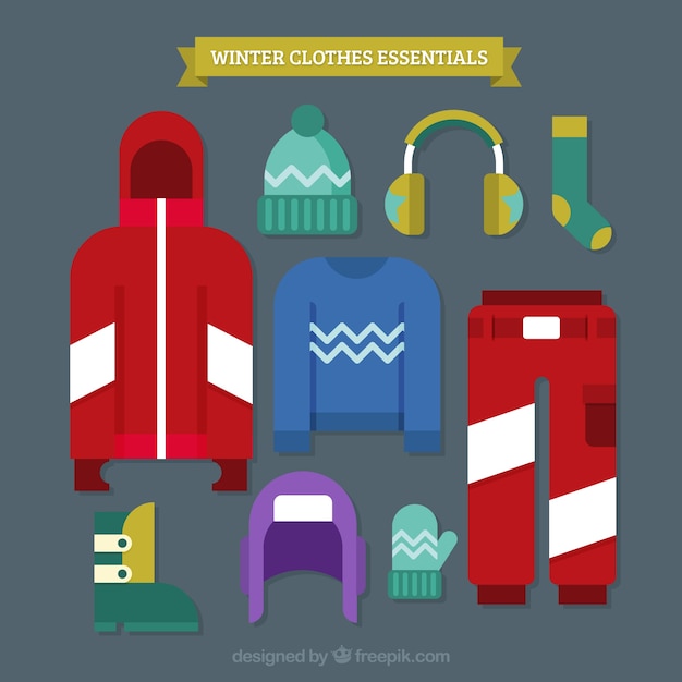 Vetor grátis conjunto de roupas de inverno coloridas