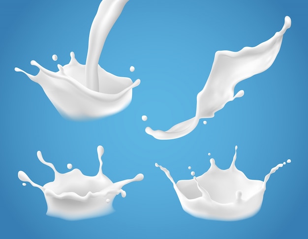 Vetor grátis conjunto de salpicaduras e derramamento de leite no vetor 3d, produtos lácteos naturais realistas, iogurte ou creme