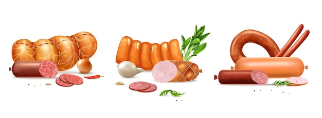 Vetor grátis conjunto de salsicha realista de três composições isoladas com fatias de produtos de carne prontos e verduras com ilustração vetorial de especiarias