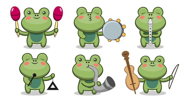 Vetor grátis conjunto de sapo fofo em personagens de desenhos animados tocando vários instrumentos musicais tocando acordeão de flauta de violino e violoncelo ilustração vetorial