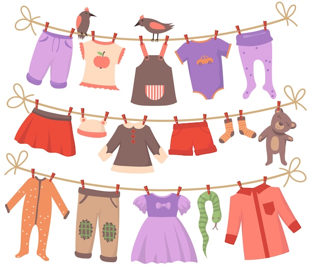 Vetor grátis conjunto de secagem de roupas de bebê. limpe corpinhos, vestidos, calças, shorts, meias, pijamas, brinquedos pendurados em cordas com pássaros. coleção de ilustrações vetoriais para roupas de bebês, paternidade, conceito de lavanderia