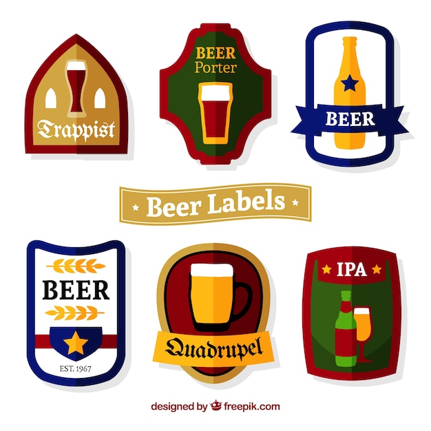Conjunto de seis adesivos de cerveja em design plano