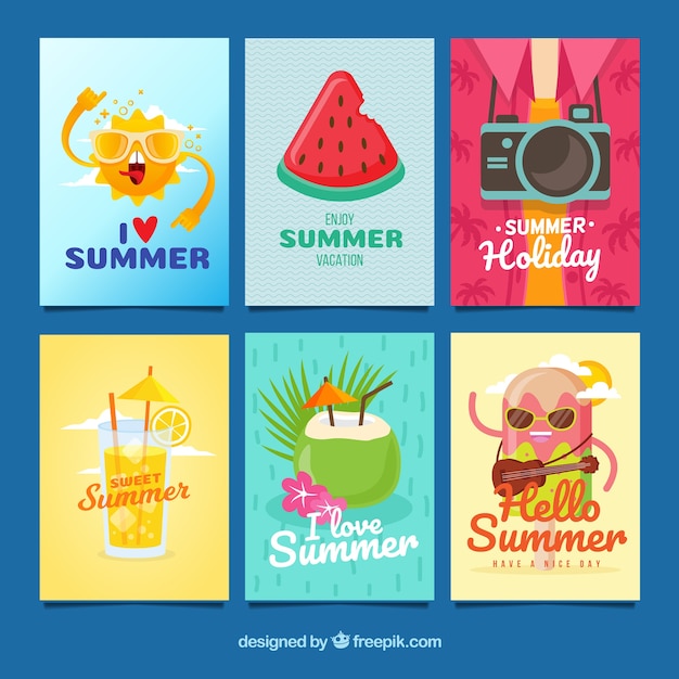 Vetor grátis conjunto de seis cartões de verão