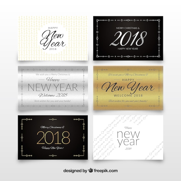 Conjunto de seis cartões elegantes de prata e ouro de ano novo de 2018