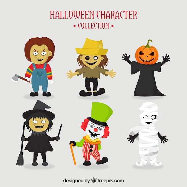 Vetor grátis conjunto de seis personagens típicos de halloween