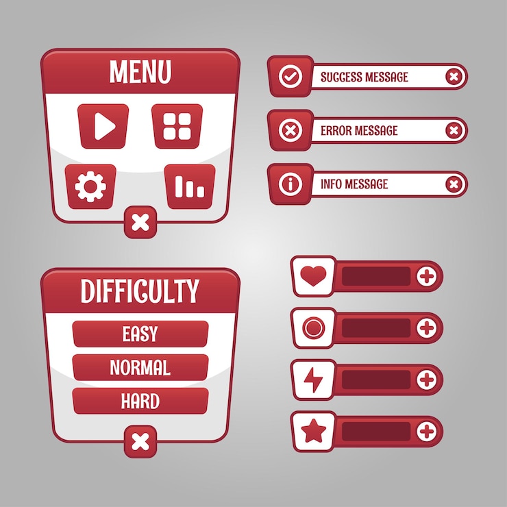 Vetor grátis conjunto de seleção de menu de jogo para rpg e jogo de aventura, incluindo menu, seleção de nível e opções.