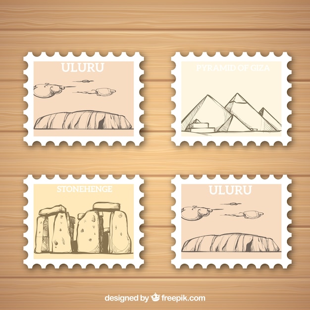 Vetor grátis conjunto de selos de marco com diferentes cidades na mão desenhada estilo