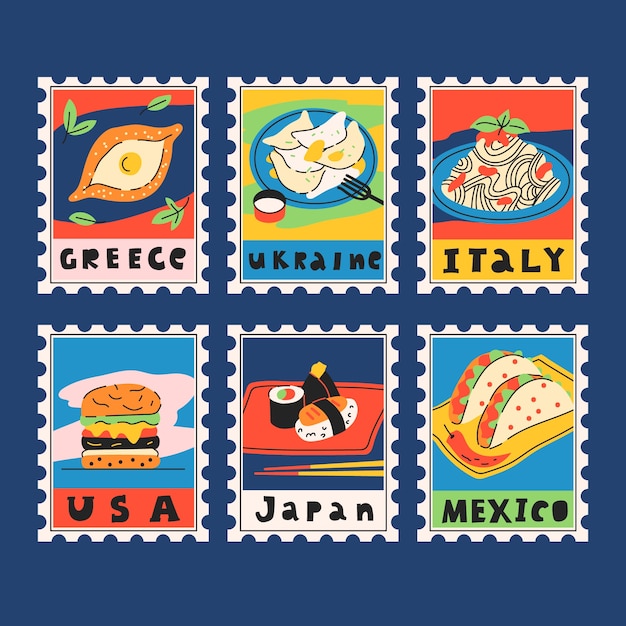 Vetor grátis conjunto de selos postais desenhados à mão