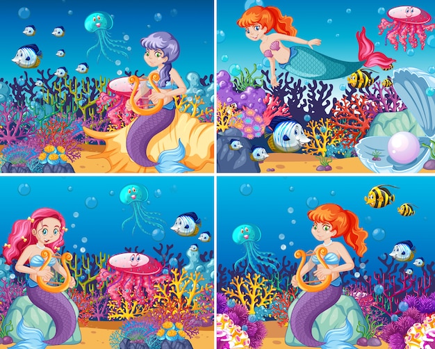 Conjunto de sereia bonita com estilo animal dos desenhos animados cena tema mar