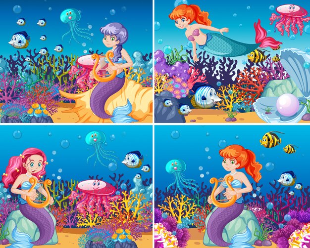 Conjunto de sereia bonita com estilo animal dos desenhos animados cena tema mar