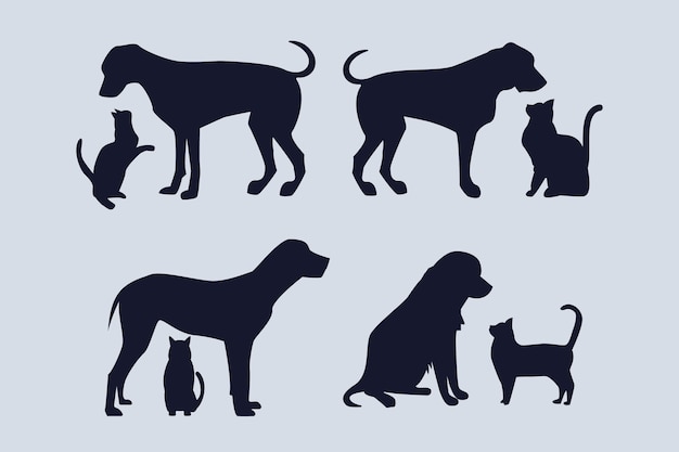 Vetor grátis conjunto de silhueta de cachorro e gato de design plano