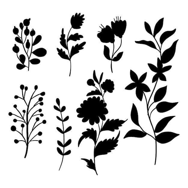 Conjunto de silhueta de flores desenhadas à mão