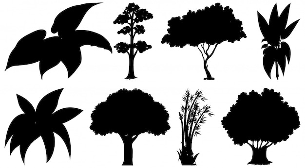 Vetor grátis conjunto de silhueta de plantas e árvores