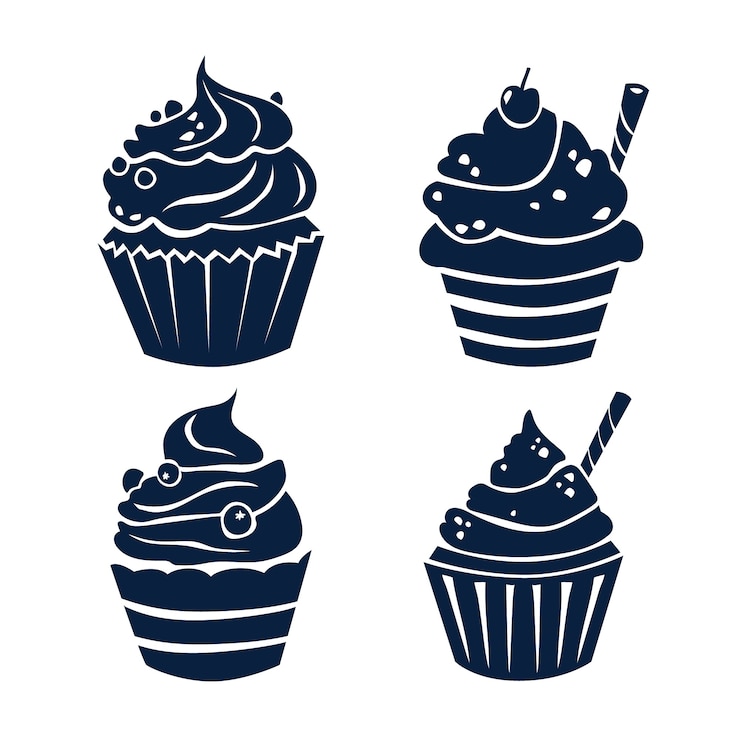 Vetor grátis conjunto de silhuetas de cupcakes desenhadas à mão