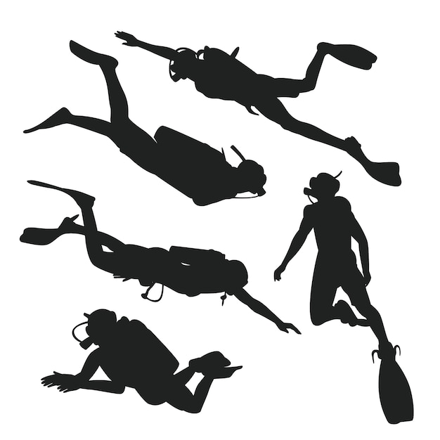 Vetor grátis conjunto de silhuetas de mergulhadores desenhadas à mão