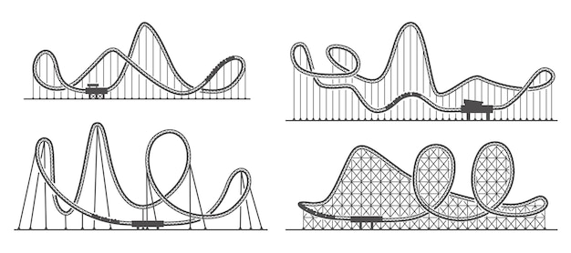 Conjunto de silhuetas de montanha-russa. pista de passeio no parque de diversões. atração assustadora. ilustração de contorno