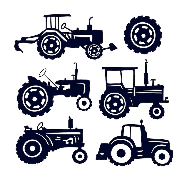 Vetor grátis conjunto de silhuetas de tractores desenhadas à mão
