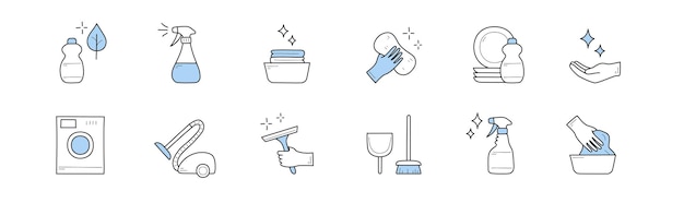Vetor grátis conjunto de sinais de ícones de doodle de limpeza e doméstico