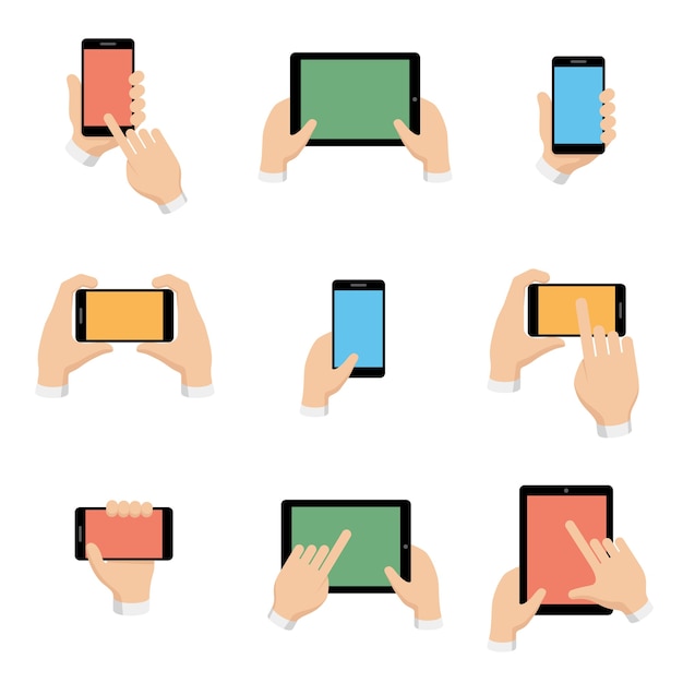 Vetor grátis conjunto de smartphone e tablet em mãos em estilo design plano.