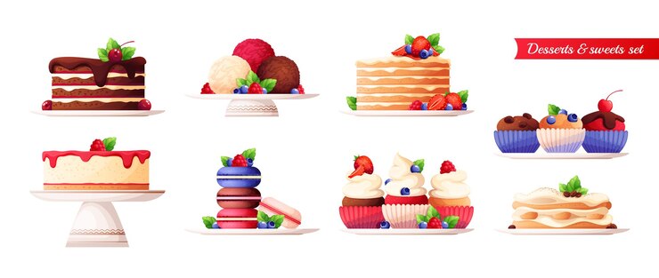Vetor grátis conjunto de sobremesas planas de deliciosos bolos cheesecakes cupcakes de tiramisu macaroons com bagas e ilustração vetorial isolada de hortelã