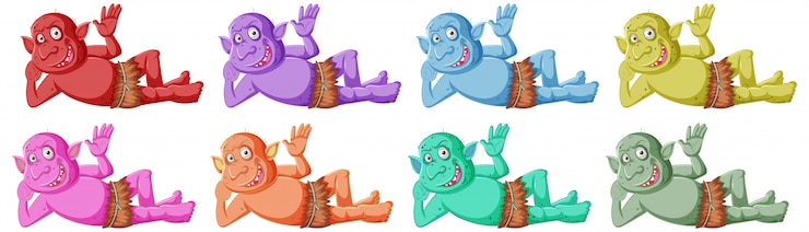 Vetor grátis conjunto de sorriso colorido goblin ou troll enquanto está deitado no personagem de desenho animado