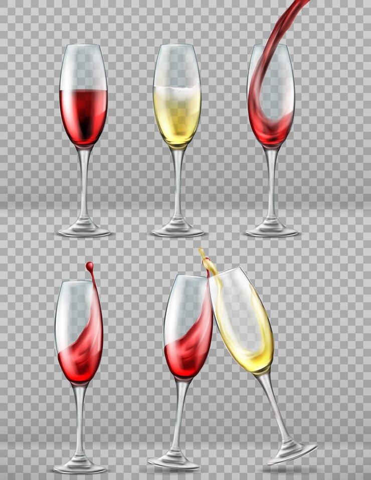 Vetor grátis conjunto de taças de vinho com esguicho de vinho tinto e branco, brinde comemorativo