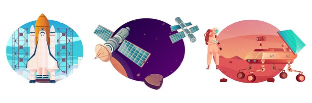 Conjunto de tecnologia espacial de composições isoladas com imagens planas de foguete com ilustração de satélite e mars rover