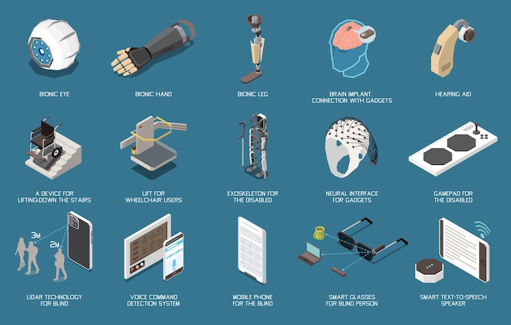Vetor grátis conjunto de tecnologia isolada para ícones de pessoas com deficiência com imagens isoladas de membros biônicos e ilustração vetorial de microchips