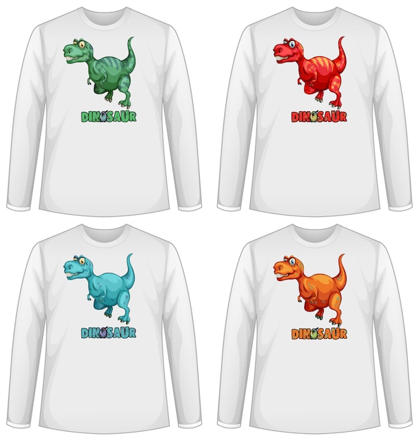 Conjunto de tela de dinossauro em cores diferentes em camiseta de manga longa