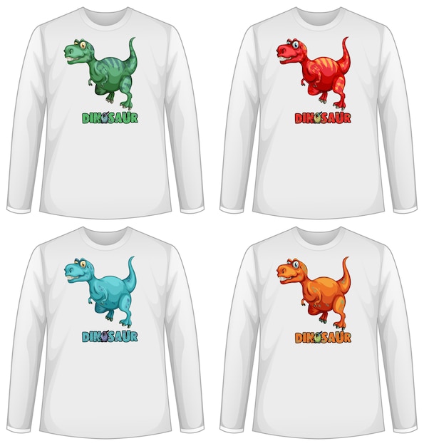 Conjunto de tela de dinossauro em cores diferentes em camiseta de manga longa