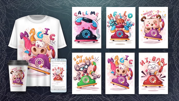 Vetor grátis conjunto de telefone com poster de animais e merchandising