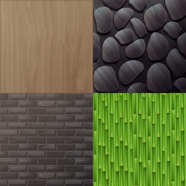 conjunto de texturas para interiores em estilo minimalista ecológico: madeira, parede de tijolo cinza, bambu verde e parede de pedra