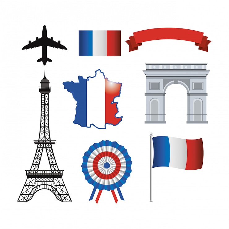 Vetor grátis conjunto de torre eiffel e bandeira de frança com fita