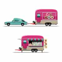 Vetor grátis conjunto de trailer food truck com donut com grande na lateral do carro, desenho de ilustração plana de estilo em fundo branco