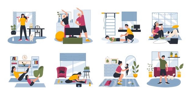 Conjunto de treino em casa de oito composições com interiores de casas de personagens humanos planos e ilustração vetorial de exercícios de personagens humanos