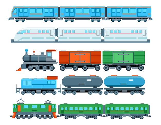 Vetor grátis conjunto de trens ferroviários em estilo simples. transporte de metrô, viagens e veículos