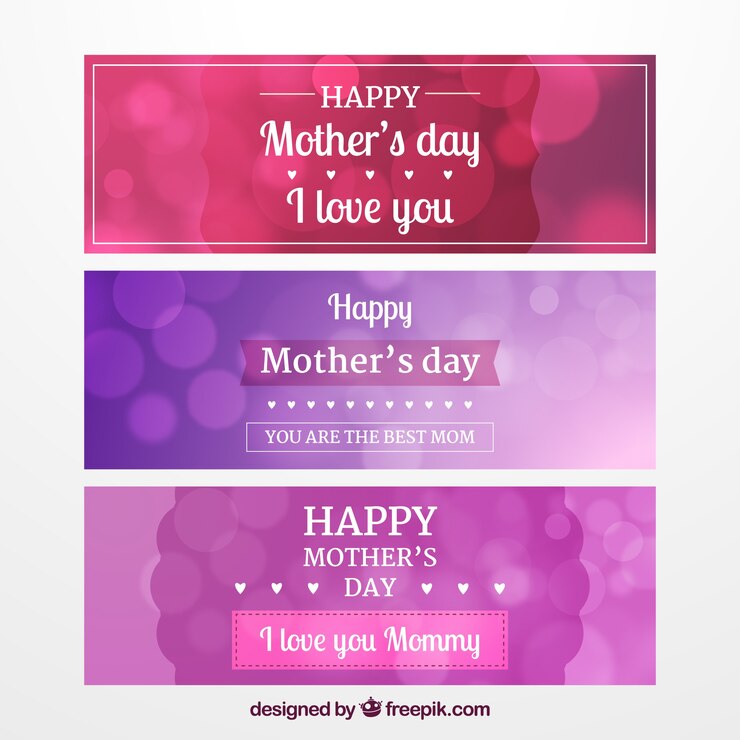 Vetor grátis conjunto de três banners de dia das mães com efeito bokeh
