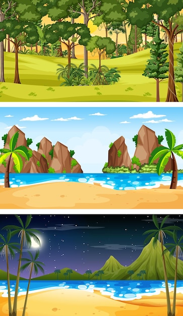 Vetor grátis conjunto de três cenas horizontais de floresta diferentes