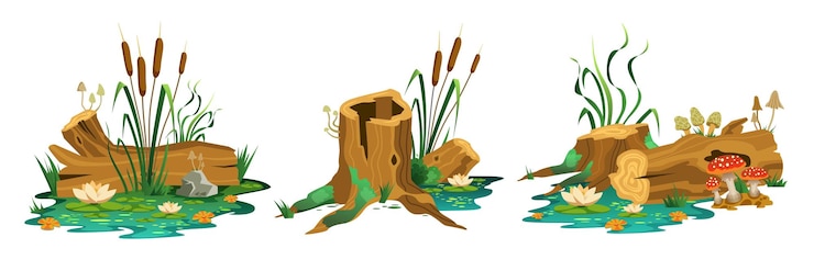 Vetor grátis conjunto de três composições de floresta de pântano isoladas com vista para troncos de tocos de pântano selvagem e ilustração vetorial de cogumelos