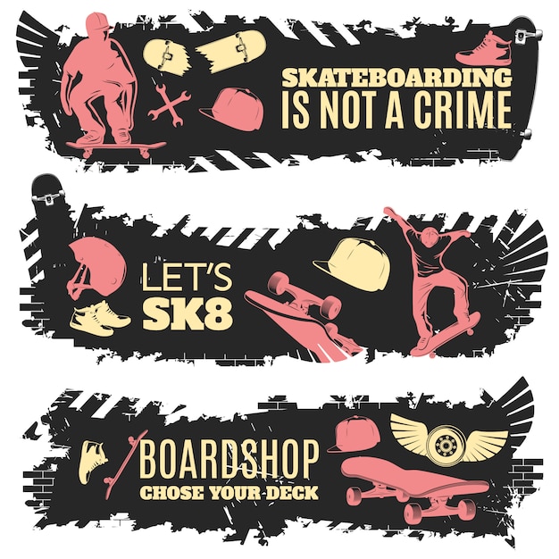 Vetor grátis conjunto de três faixas de skate com descrições de skate não é crime, vamos sk8 e boardshop escolheu sua ilustração em vetor de deck