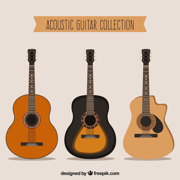 Vetor grátis conjunto de três guitarras acústicas em design plano