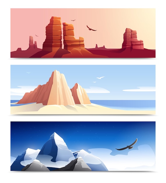 Conjunto de três paisagens de rochas de montanhas horizontais com terreno colorido e céu diurno com ilustrações de pássaros,