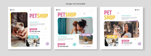 Conjunto de três retângulos arredondados de fundo de pet shop banner promoção mídia social modelo de pacote premium vector