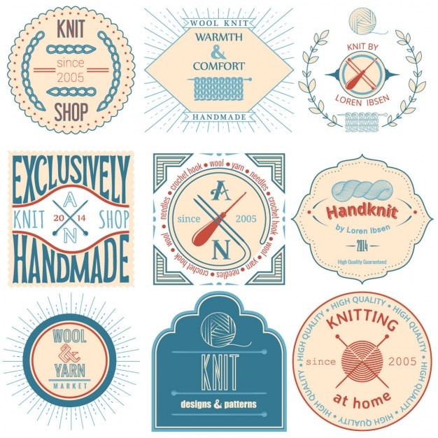 Conjunto de tricô do vintage etiqueta emblemas e elementos de design do vetor