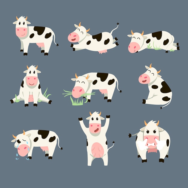 Vetor grátis conjunto de vaca malhada engraçada em fundo cinza. ilustração de desenho animado