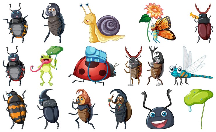 Vetor grátis conjunto de vários desenhos animados de insetos e anfíbios