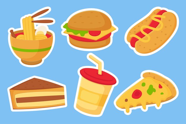 Conjunto de vários fast food e bebidas no estilo cartoon